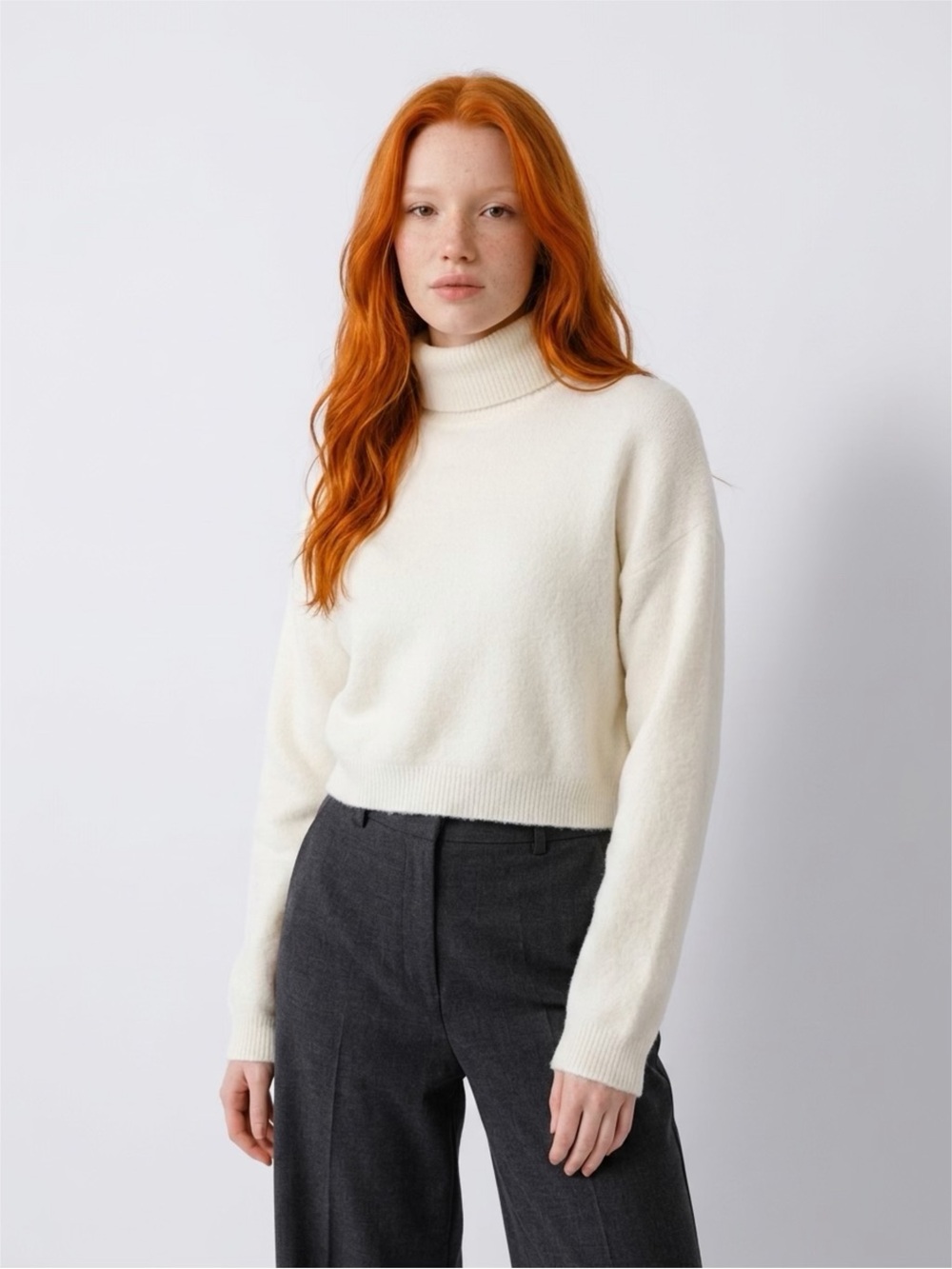Zara Ivory Soft Ribbed Turtleneck Cuff Hem Modern Luxury Cropped Sweater | S
